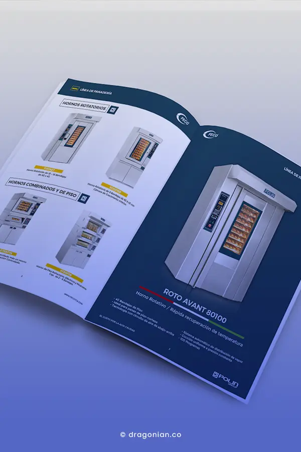 Catálogo abierto enseñando productos de línea de Panadería de la marca Polin. Hornos Industriales Italianos. Horno Roto Avant Polin. Horno Roto Classic, Horno Pocket Polin, Horno Scooter Polin.